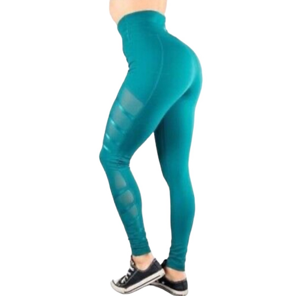 Buff Bunny Collection Elysium Mesh Panel High Waisted Leggings in Teal, Medium